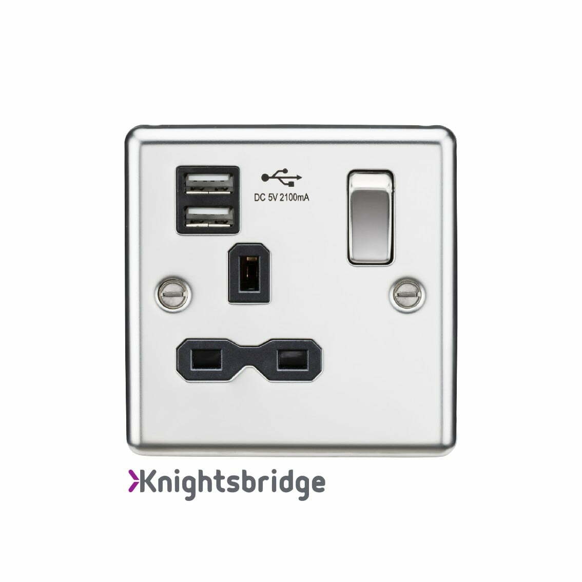 13A 1G Switched Socket Dual USB Charger Slots With Black Insert