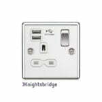 13A 1G Switched Socket Dual USB Charger Slots with White Insert - Rounded Edge Polished Chrome