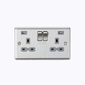 13A 2G switched socket with dual USB charger A + A (2.4A) - Brushed chrome with grey insert