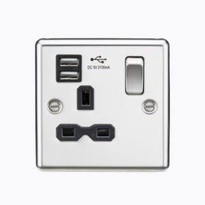 13A 1G Switched Socket Dual USB Charger Slots with Black Insert - Rounded Edge Polished Chrome
