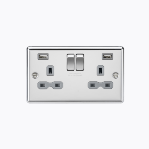13A 2G switched socket with dual USB charger A + A (2.4A) - Polished chrome with grey insert