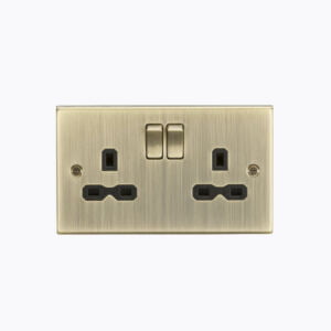 13A 2G Switched Socket with Black Insert - Square Edge Antique Brass