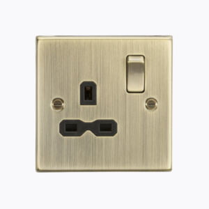 13A 1G DP Switched Socket with Black Insert - Square Edge Antique Brass