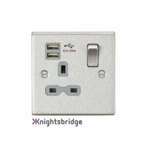 13A 1G Switched Socket Dual USB Charger (2.1A) with Grey Insert - Square Edge Brushed Chrome