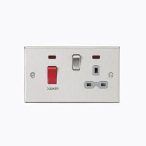 45A DP Cooker Switch & 13A Switched Socket with Neons & Grey Insert - Square Edge Brushed Chrome