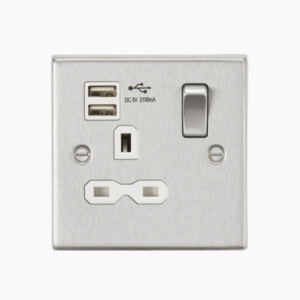 13A 1G Switched Socket Dual USB Charger (2.1A) with White Insert - Square Edge Brushed Chrome
