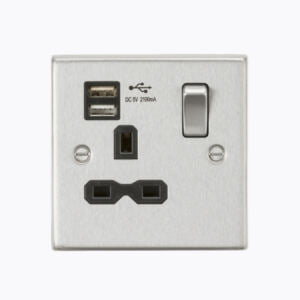 13A 1G Switched Socket Dual USB Charger (2.1A) with Black Insert - Square Edge Brushed Chrome