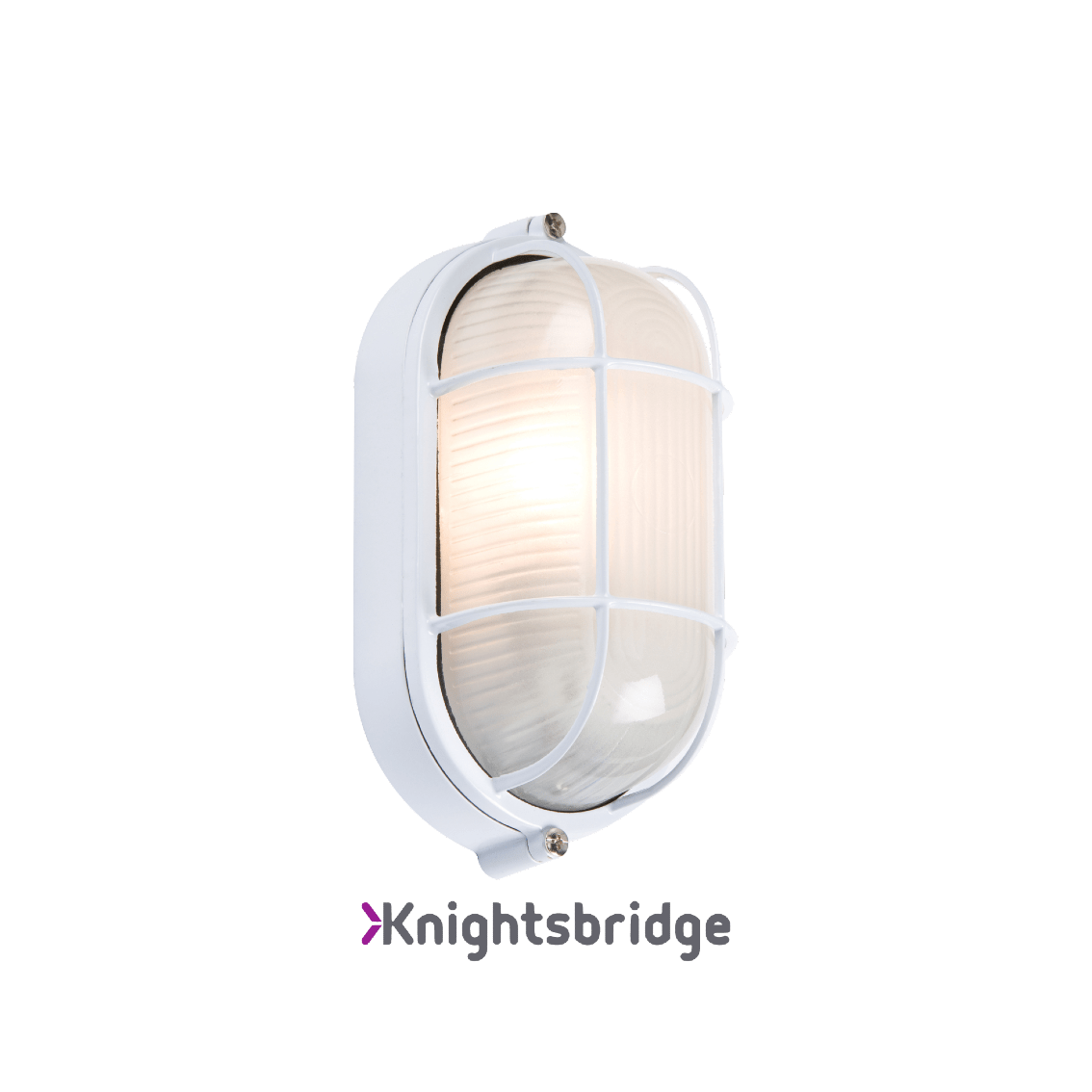 230V IP54 60W White Oval Bulkhead with Wire Guard and Glass Diffuser