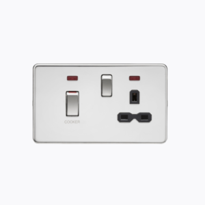 45A DP switch and 13A switched socket with neons - polished chrome with black insert