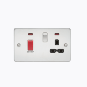 Flat plate 45A DP switch and 13A switched socket with neon - polished chrome with black insert