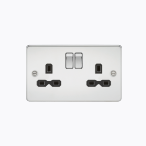 Flat plate 13A 2G DP switched socket - polished chrome with black insert