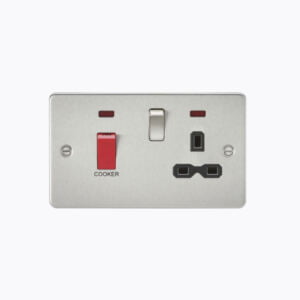 Flat plate 45A DP switch and 13A switched socket with neon - brushed chrome with black insert