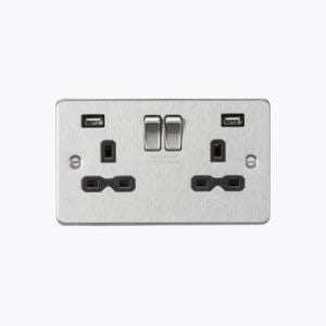13A 2G switched socket with dual USB charger A + A (2.4A) - Brushed chrome with black insert