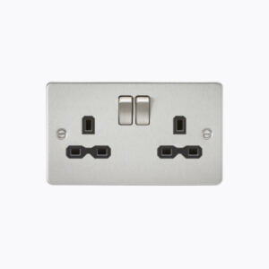 Flat plate 13A 2G DP switched socket - brushed chrome with black insert