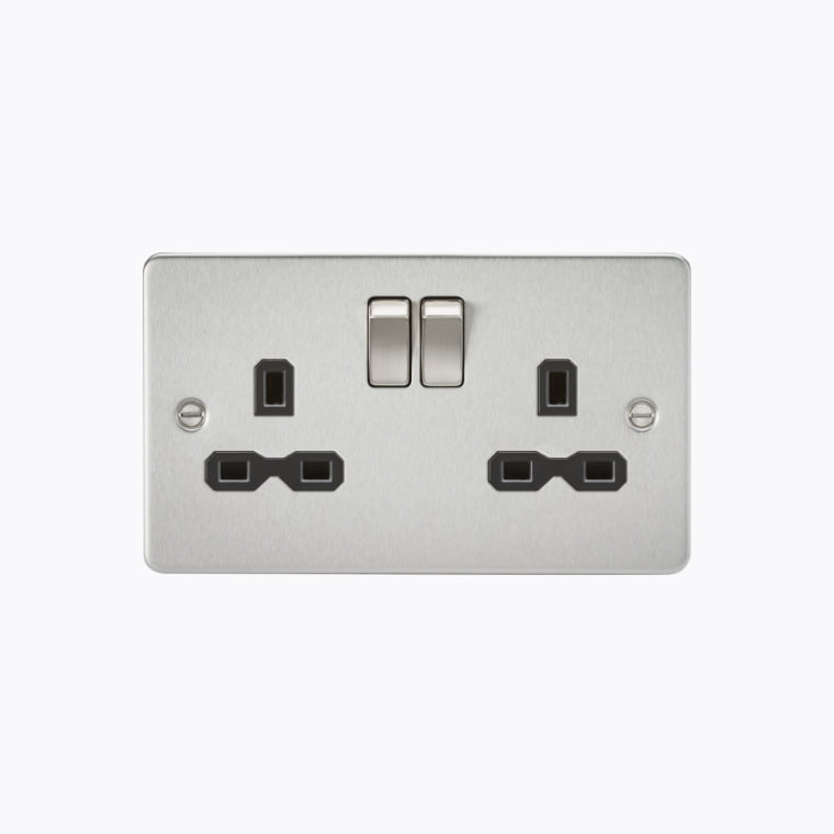 Flat plate 13A 2G DP switched socket - brushed chrome with black insert ...