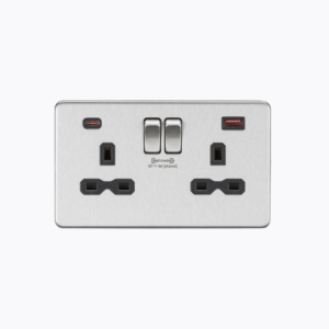 13A 2G DP Switched Socket with Dual USB [FASTCHARGE] A+C Brushed Chrome with black insert