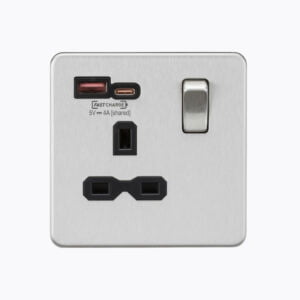 13A 1G Switched Socket with dual USB [FASTCHARGE] A+C - Brushed Chrome with black insert