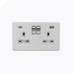 13A 2G DP Switched Socket with Dual USB A+C [45W FASTCHARGE] - Brushed Chrome with grey insert