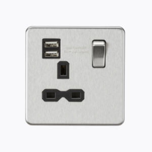 Screwless 13A 1G switched socket with dual USB charger (2.4A) - brushed chrome with black insert