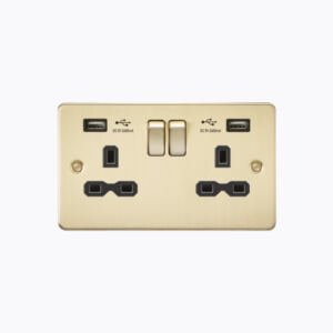13A 2G switched socket with dual USB charger A + A (2.4A) - Brushed brass with black insert