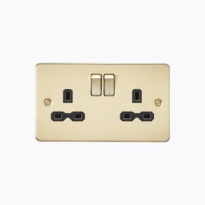 Flat plate 13A 2G DP switched socket - brushed brass with black insert