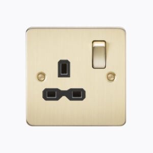 Flat plate 13A 1G DP switched socket - brushed brass with black insert
