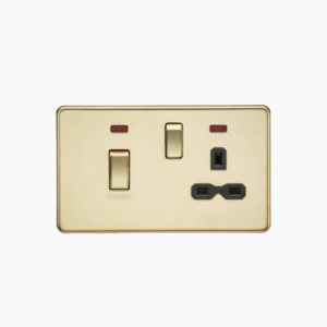 45A DP switch and 13A switched socket with neons - polished brass with black insert