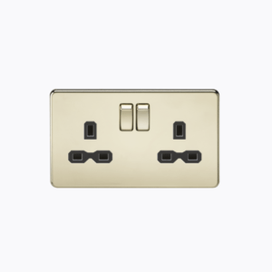Screwless 13A 2G DP switched socket - polished brass with black insert