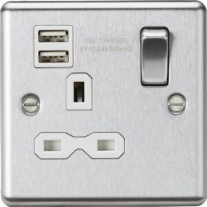 CL9124BCW 13A 1G Switched Socket Dual USB Charger Slots with White Insert - Rounded Edge Brushed Chrome
