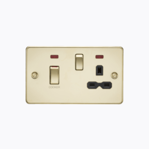 45A DP Switch and 13A switched socket with neons - polished brass with black insert