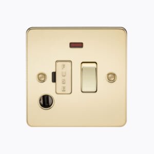 Flat Plate 13A switched fused spur unit with neon and flex outlet - polished brass