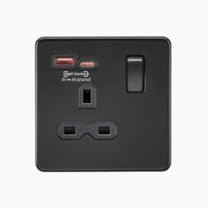 13A 1G Switched Socket with dual USB [FASTCHARGE] A+C - Matt Black