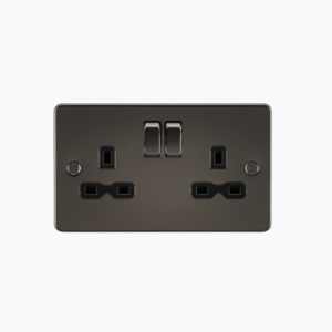 Flat plate 13A 2G DP switched socket - gunmetal with black insert