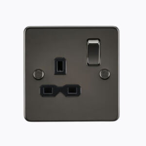 Flat plate 13A 1G DP switched socket - gunmetal with black insert