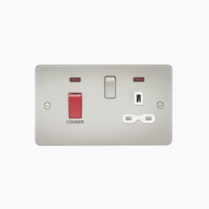 Flat plate 45A DP switch and 13A switched socket with neon - pearl with white insert