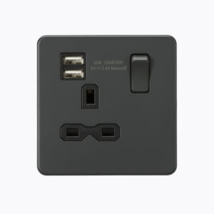 Screwless 13A 1G switched socket with dual USB charger (2.4A) - Anthracite