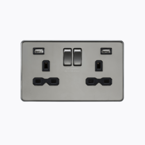 13A 2G switched socket with dual USB charger A + A (2.4A) - Black nickel