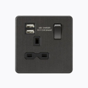 Screwless 13A 1G switched socket with dual USB charger (2.4A) - Smoked Bronze