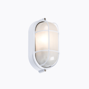 230V IP54 60W Oval Bulkhead with Wire Guard and Glass Diffuser