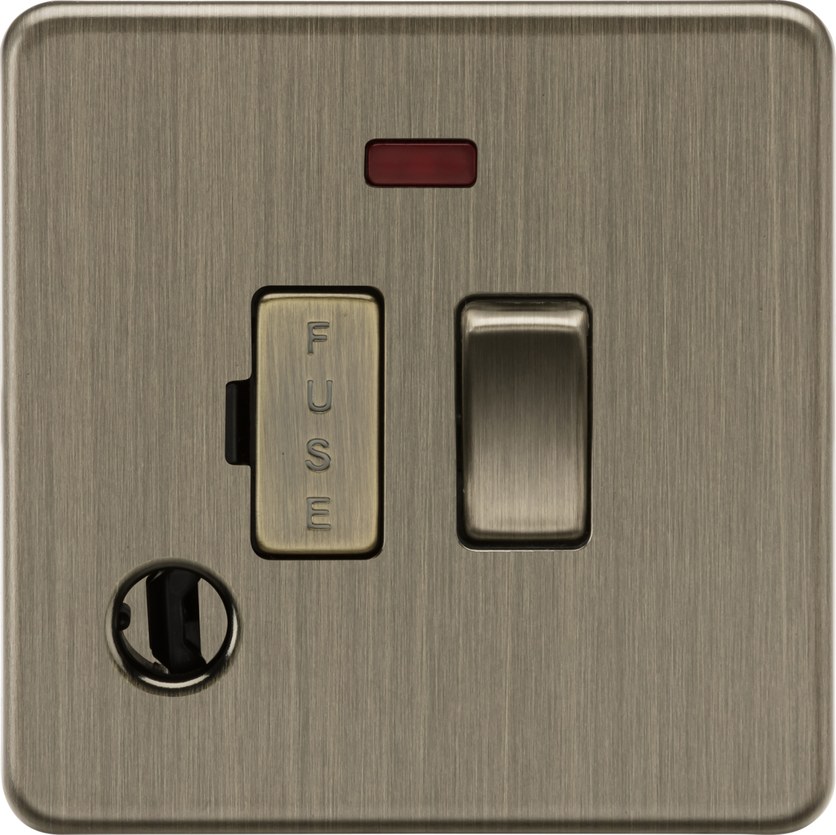 SF6300FAB — Knightsbridge Screwless 13A Switched Fused Spur with Neon and Flex Outlet – Antique Brass