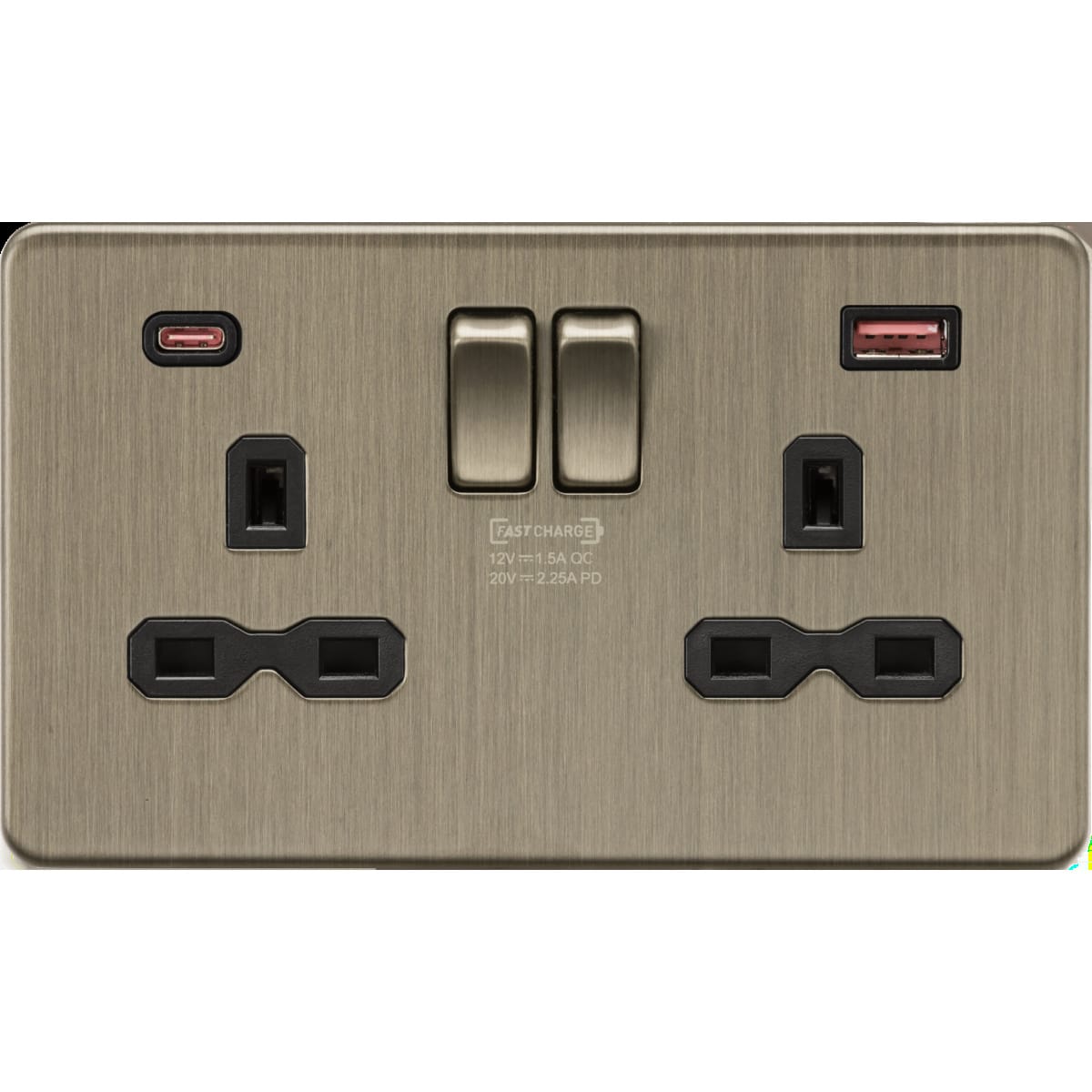 Knightsbridge Screwless 13A 2G DP Socket with Dual USB Fast Charge (USB-C & USB-A) – Antique Brass (SFR9945AB)