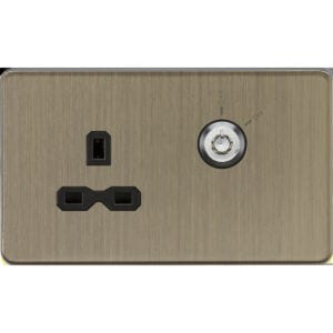 Screwless antique brass 13A switched socket with lockable shutter for secure power access.