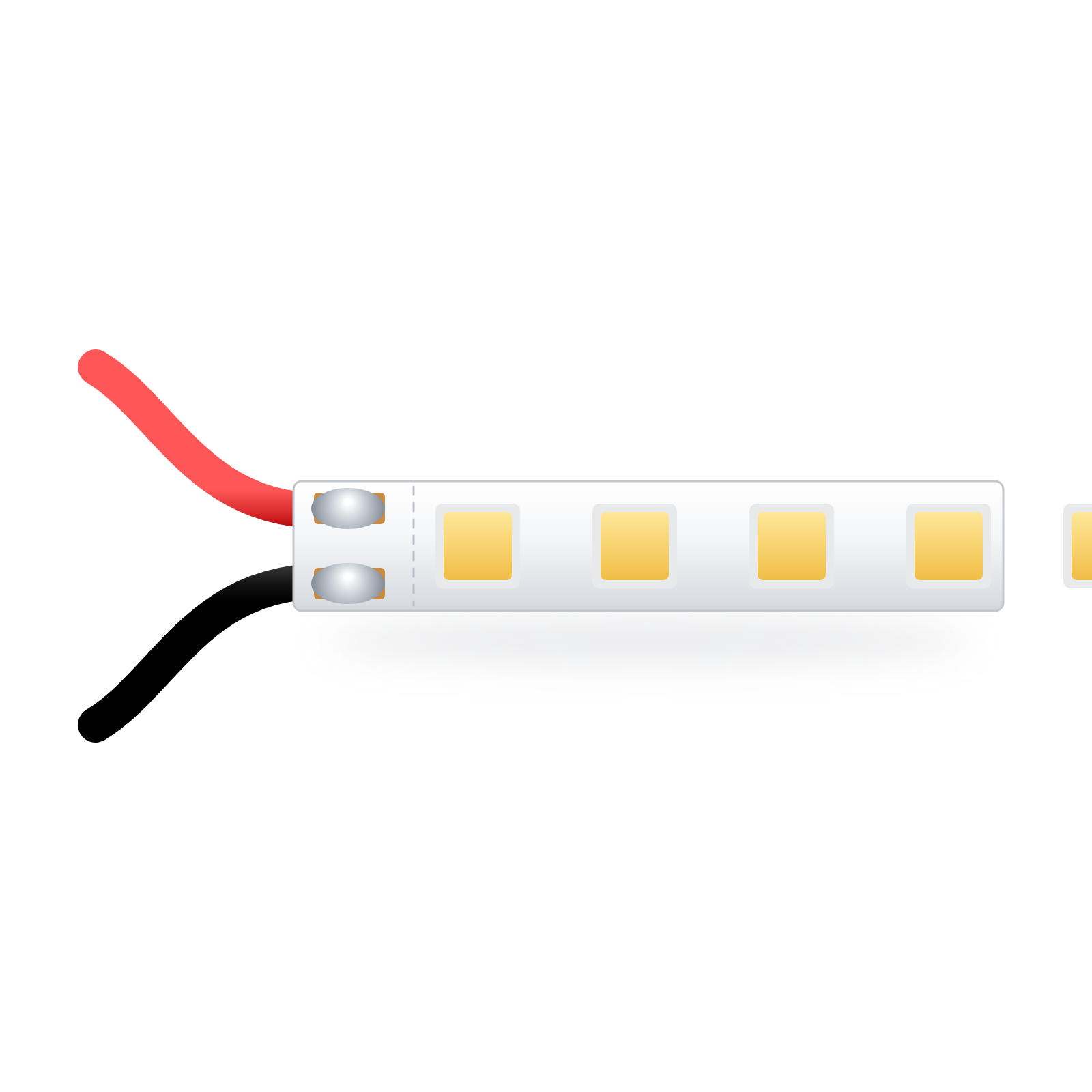 Illustration of an LED strip cut to length with red and black leads soldered to the copper pads