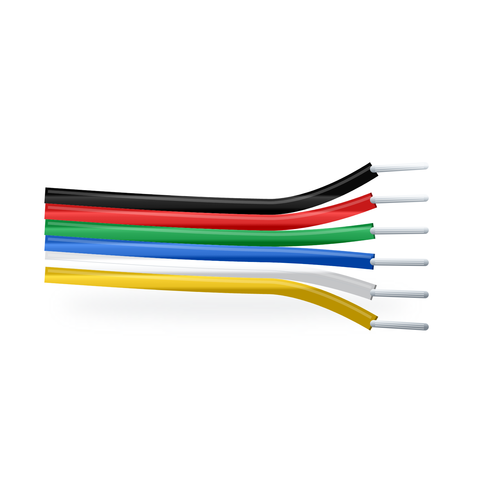 Illustration of 6-core 22AWG RGB plus CCT LED strip extension cable with black, red, green, blue, white and yellow conductors and stripped ends