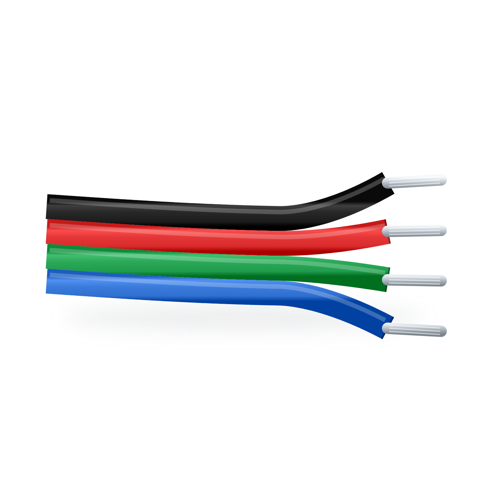 Illustration of 4-core 22AWG RGB LED strip extension cable with black, red, green and blue conductors and stripped ends